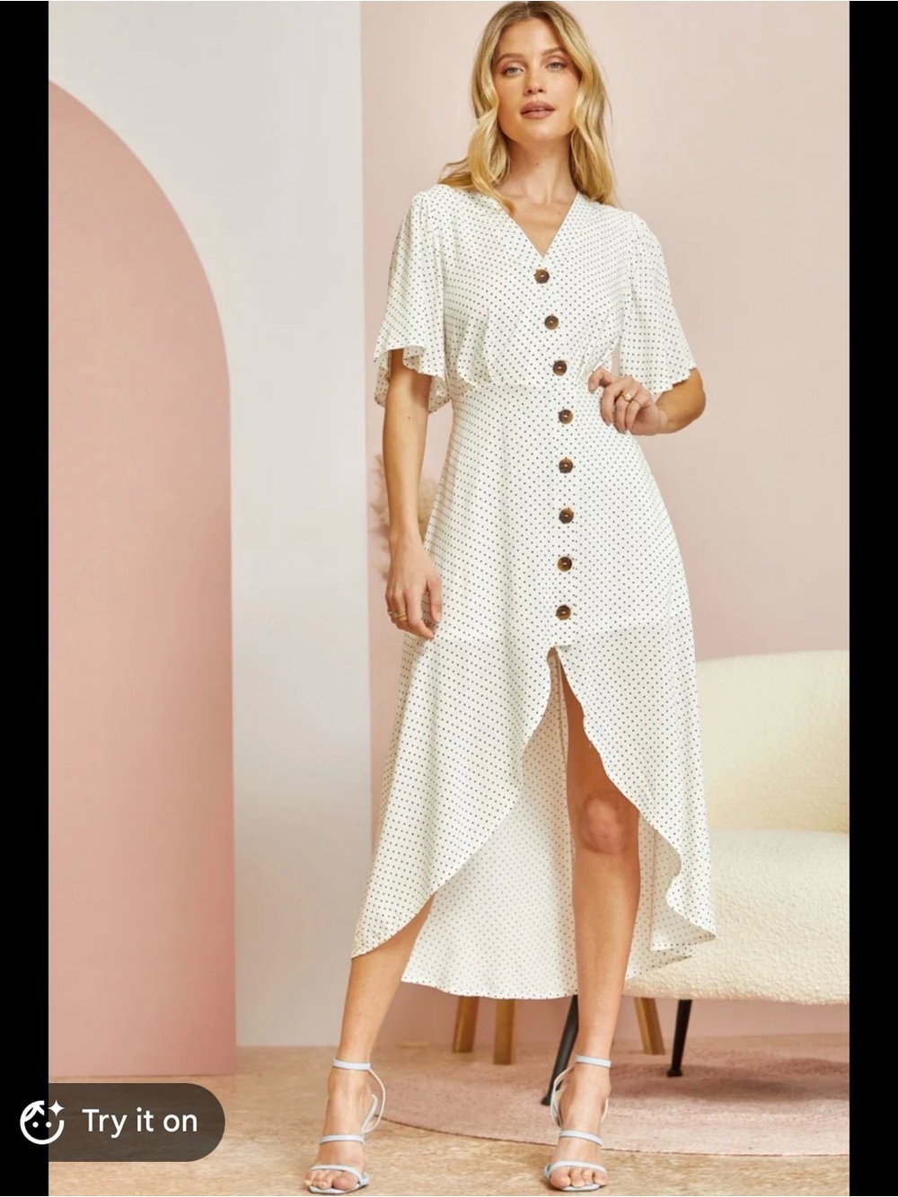 ANDREE BY UNIT White Polka Dot High-Low Button Front Midi Dress